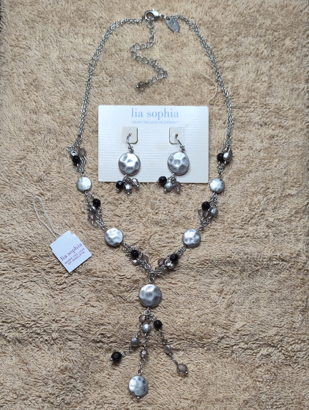Lia Sophia Silver Disc and Bead Necklace with Matching Drop Earrings